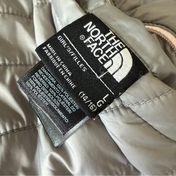 North Face Reversible Mossbud Swirl Puffer Coat Jacket Zip Gray Pink Girls L 14 - Picture 5 of 12